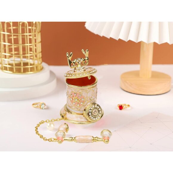 Vintage Telephone Trinket Box Hinged Enamel Hand Painted Jewelry Ornaments Decor - Picture 6 of 6